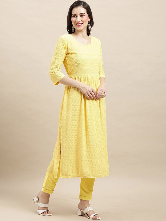 Sangria Yellow Ethnic Motifs Embroidered Chikankari A-Line Kurta | Swadesiicart