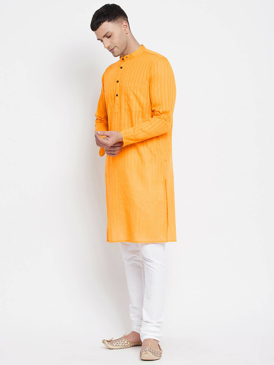 Even Apparels Men's Pure Cotton Kurta With Band Collar in Yellow Color | Swadesiicart