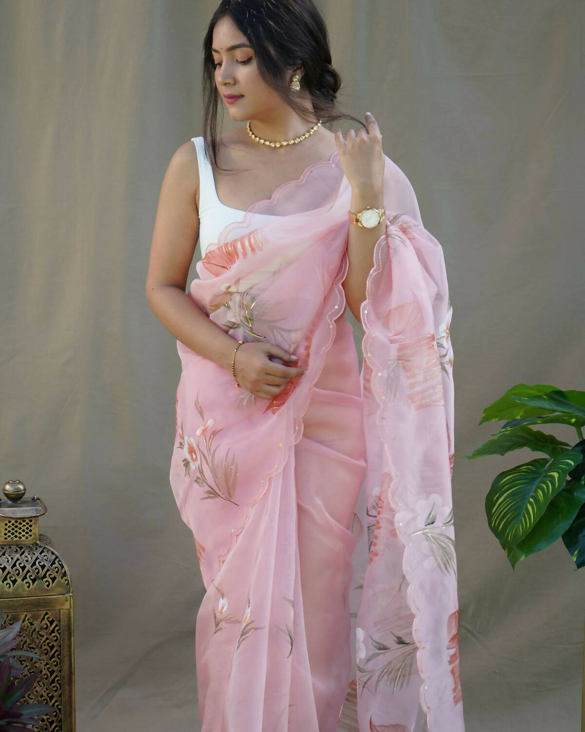 Vamsee Peach Organza Saree - Swadesiicart