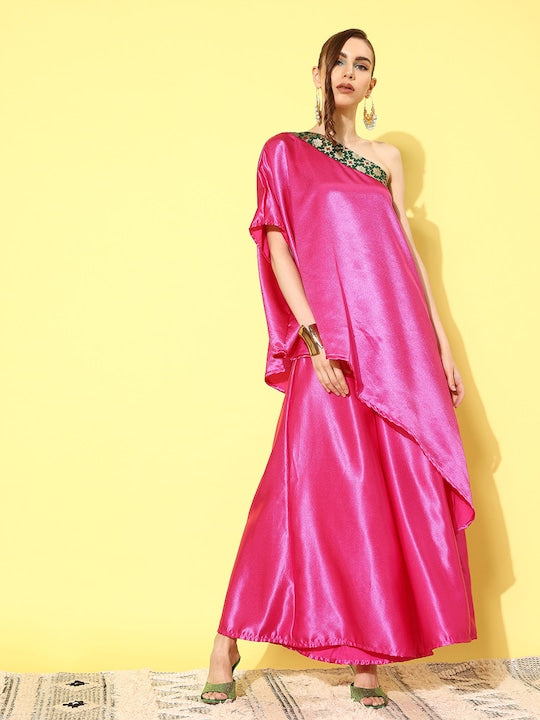InWeave Women's Pink Green Brocade Satin Oneshoulder Kurta Set - Swadesiicart