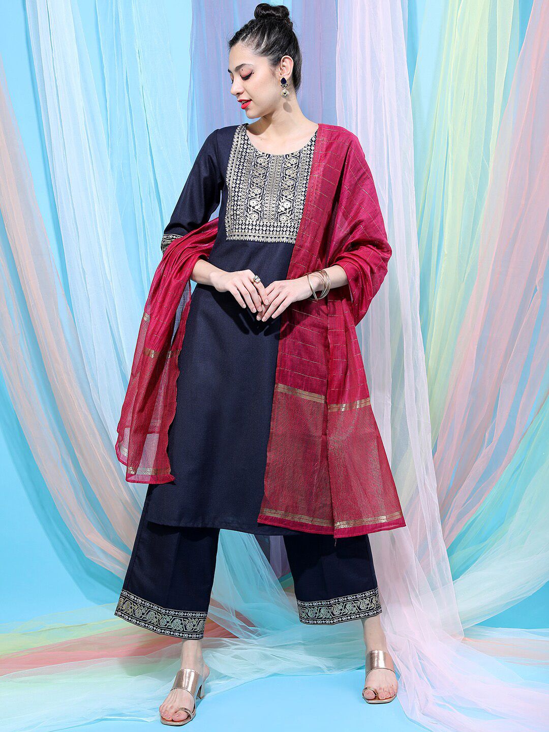 Vishudh Navy Blue Ethnic Motifs Yoke Design Straight Kurta With Palazzos & Dupatta - Swadesiicart