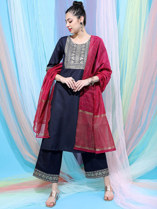 Vishudh Navy Blue Ethnic Motifs Yoke Design Straight Kurta With Palazzos & Dupatta - Swadesiicart