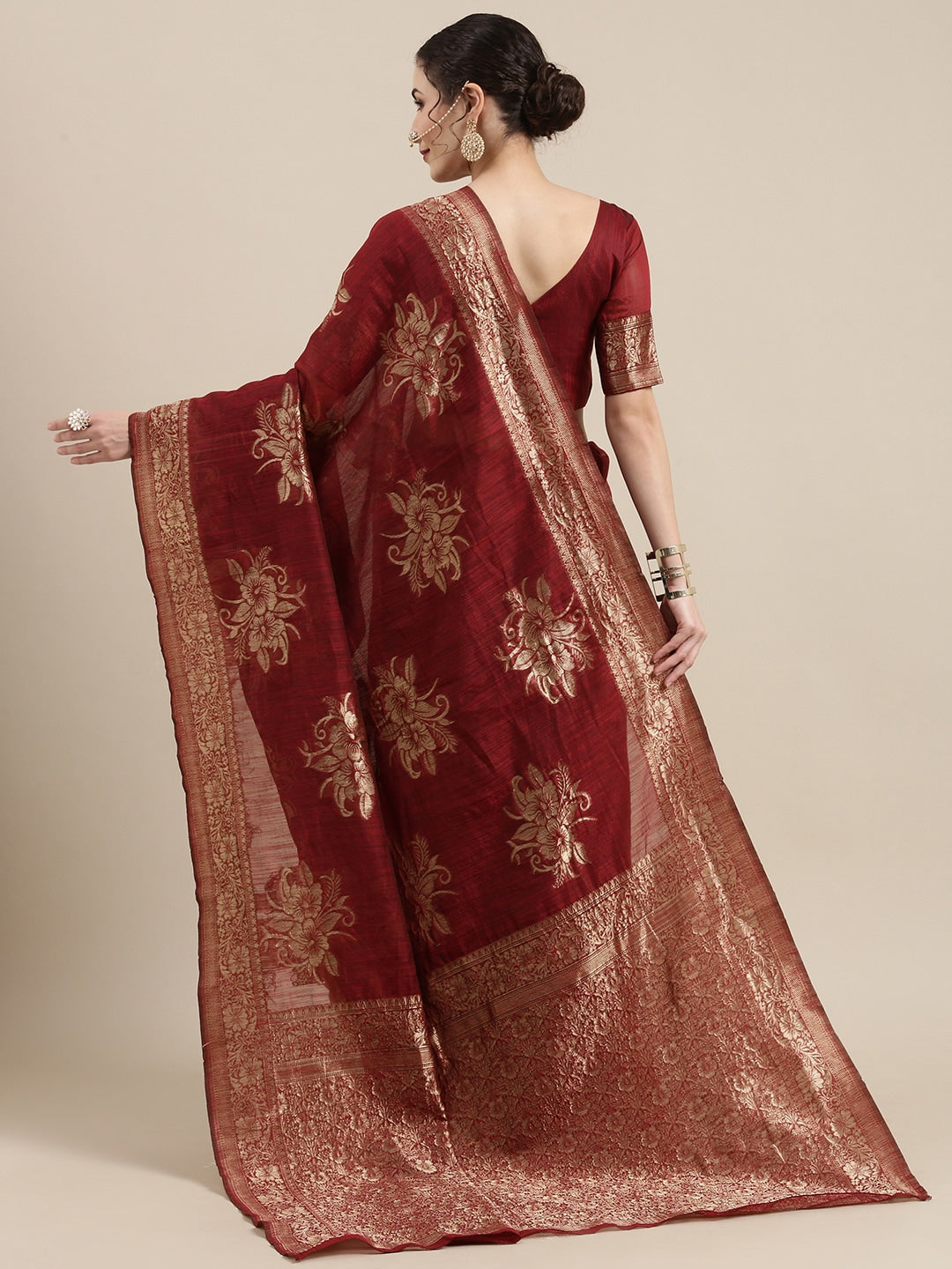 Saree Mall Maroon Floral Linen Blend Banarasi Saree | Swadesiicart