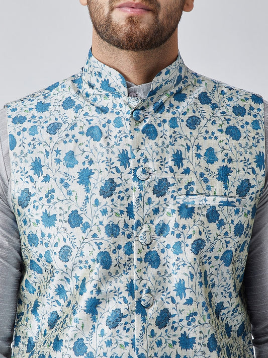 Sojanya Men Grey & Blue Self Design Kurta with Churidar & Nehru Jacket | Swadesiicart