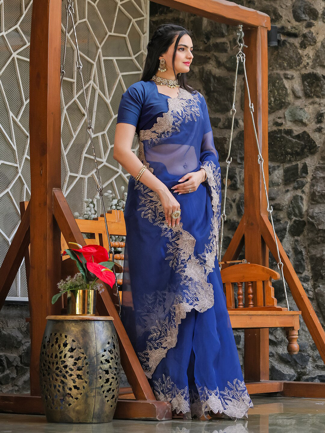 Tikhi Imli Blue Embroidered Organza Saree | Swadesiicart