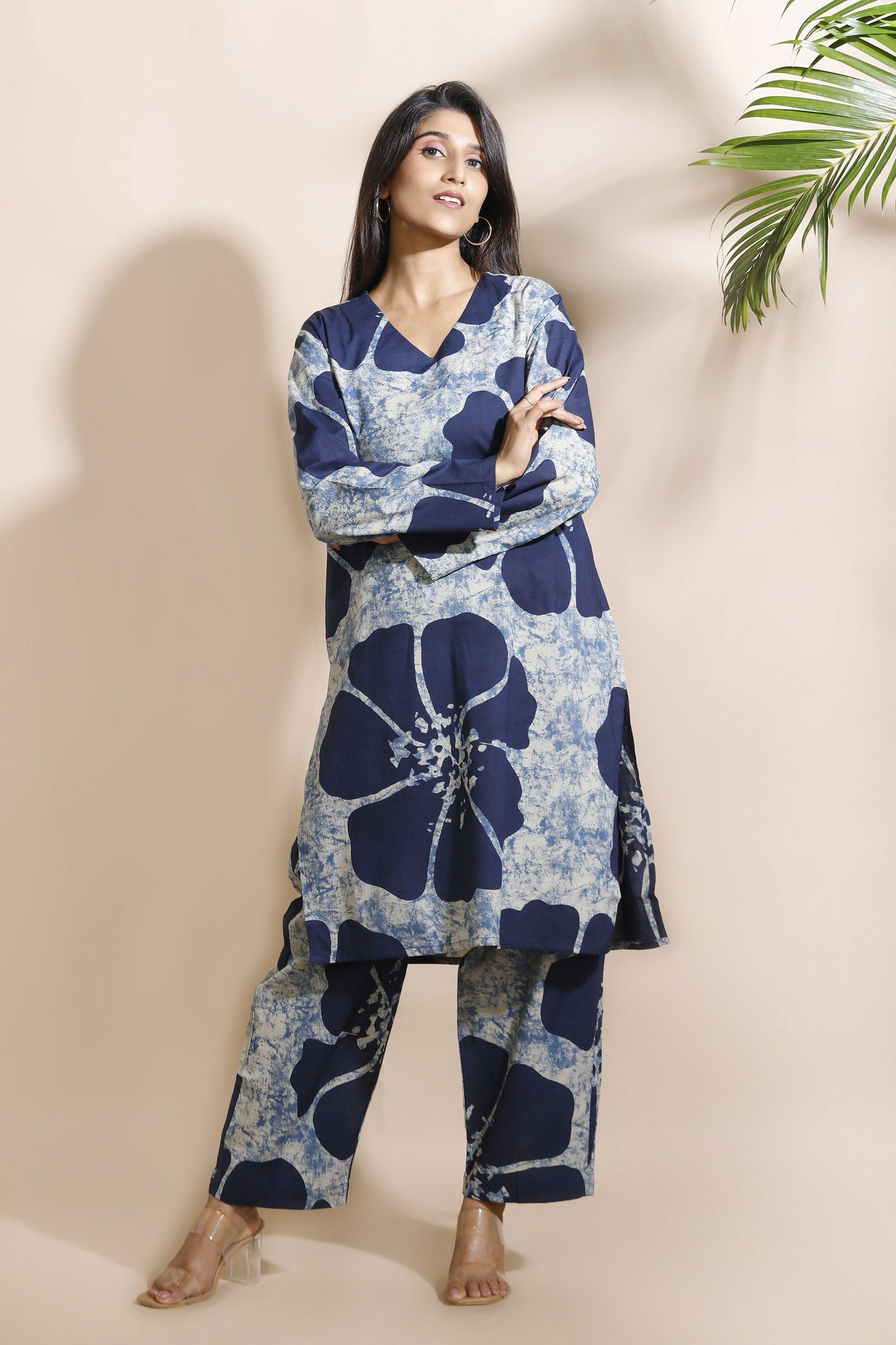 Breathables Women’S Loungewear Long Kurta Co-Ord Set Cotton Blue Floral Print