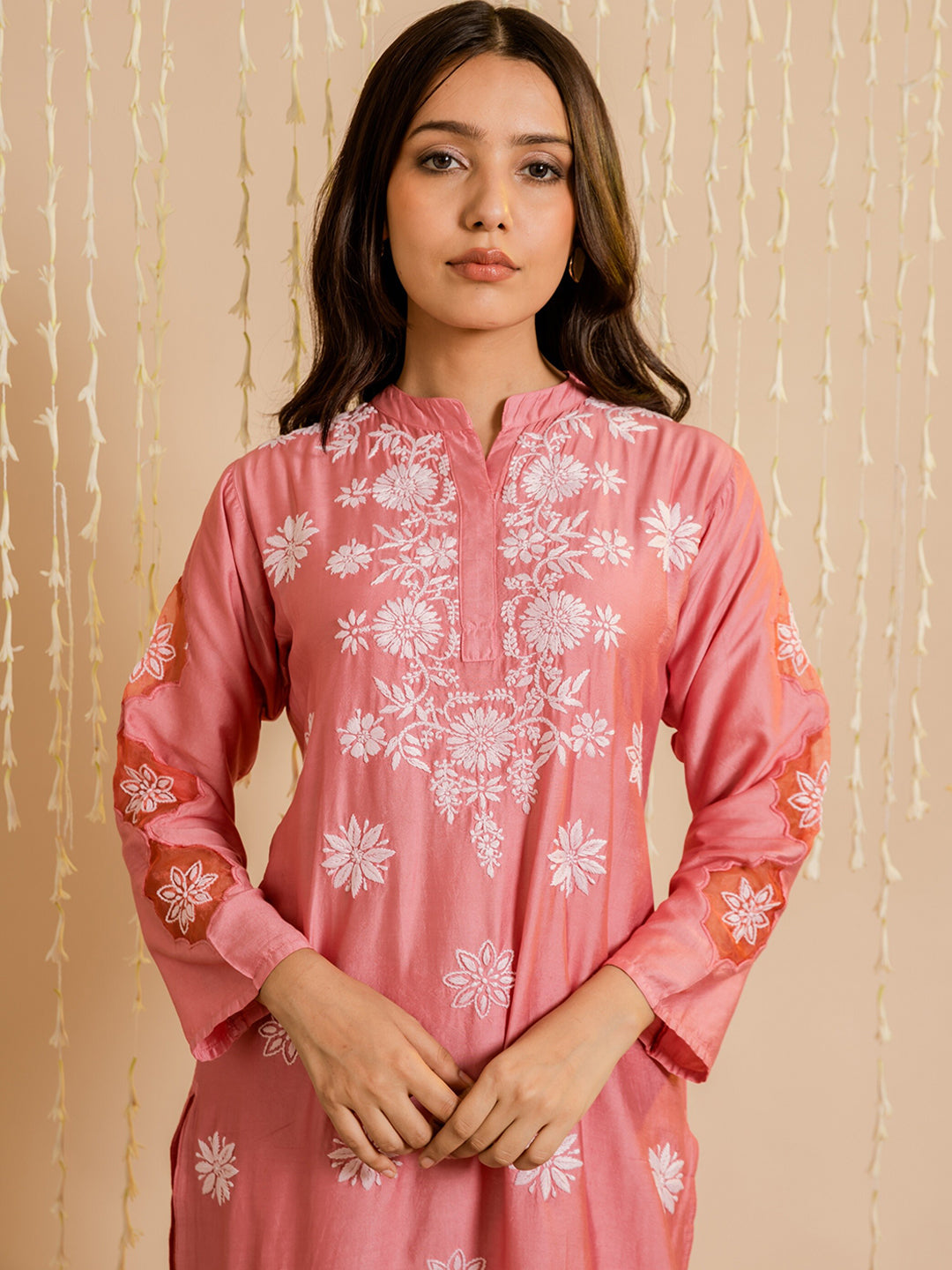 HOUSE OF KARI Ethnic Motifs Embroidered Chikankari Straight Chanderi Silk Kurta | Swadesiicart