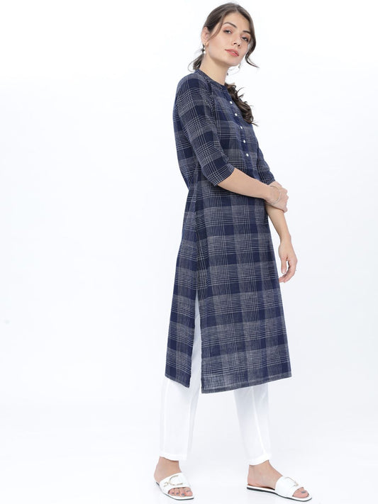 Vishudh Women Navy Blue Checked Kurta - Swadesiicart