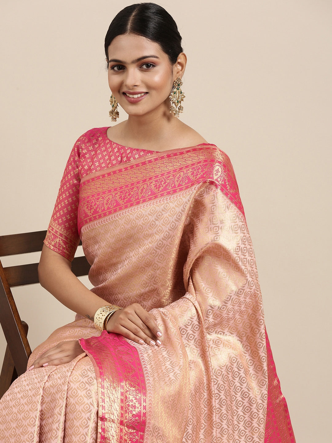 Saree Mall Peach-Coloured Ethnic Motifs Zari Silk Blend Banarasi Sarees | Swadesiicart