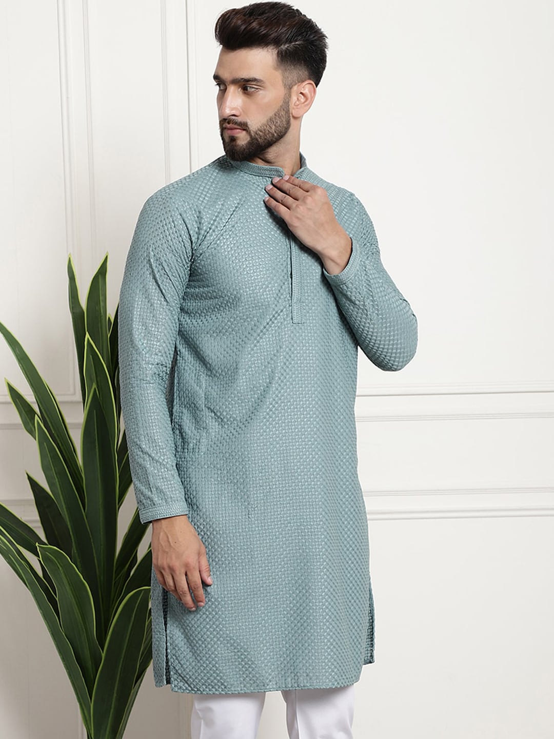 Sojanya Woven Design Mandarin Collar Straight Cotton Kurta | Swadesiicart