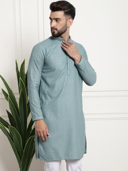 Sojanya Woven Design Mandarin Collar Straight Cotton Kurta | Swadesiicart