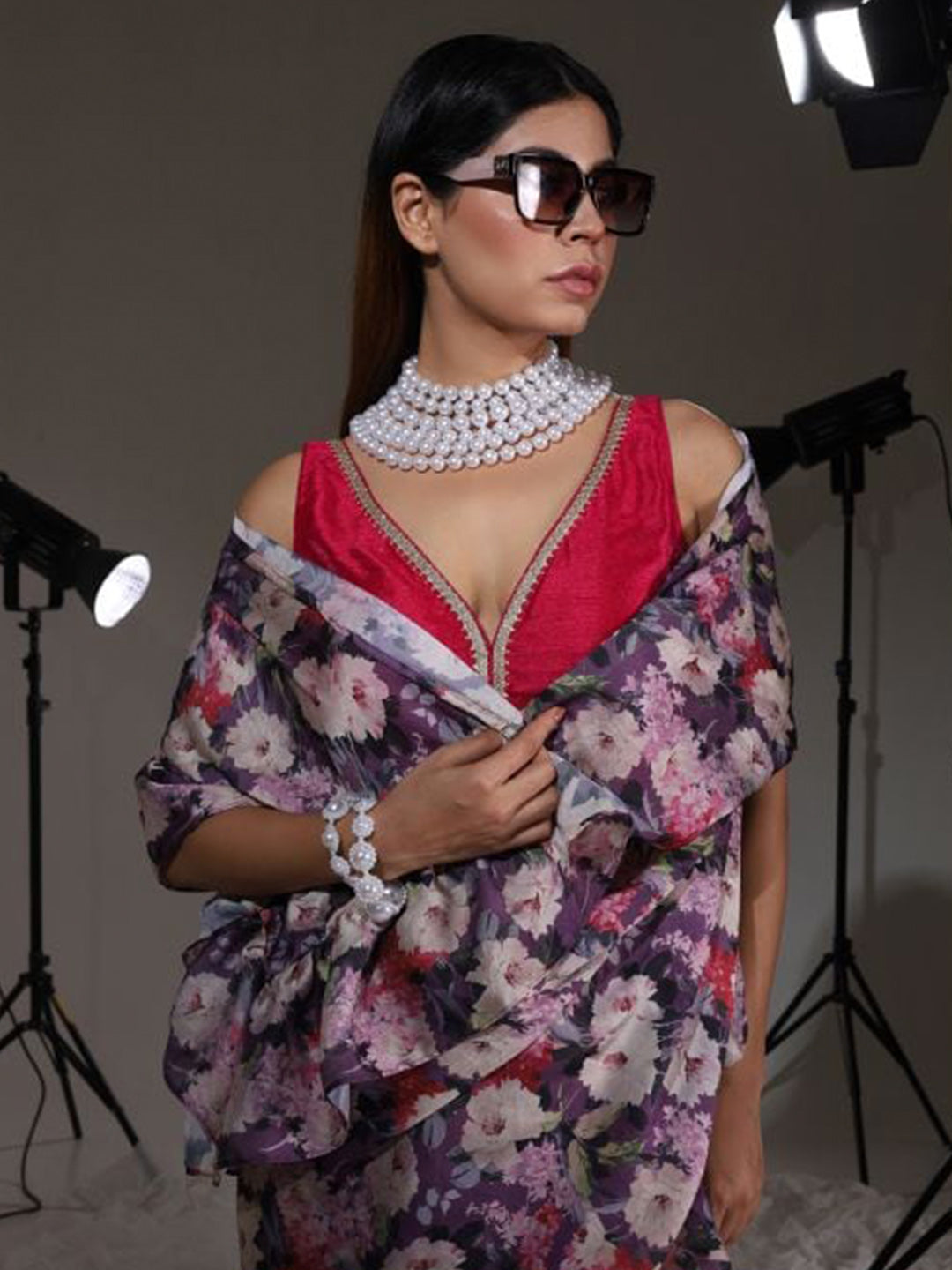 Tikhi Imli Floral Printed Satin Saree | Swadesiicart