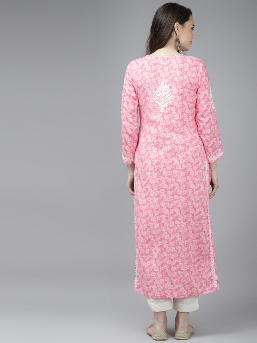ADA Women Pink & White Floral Chikankari Cotton Handloom Kurta | Swadesiicart