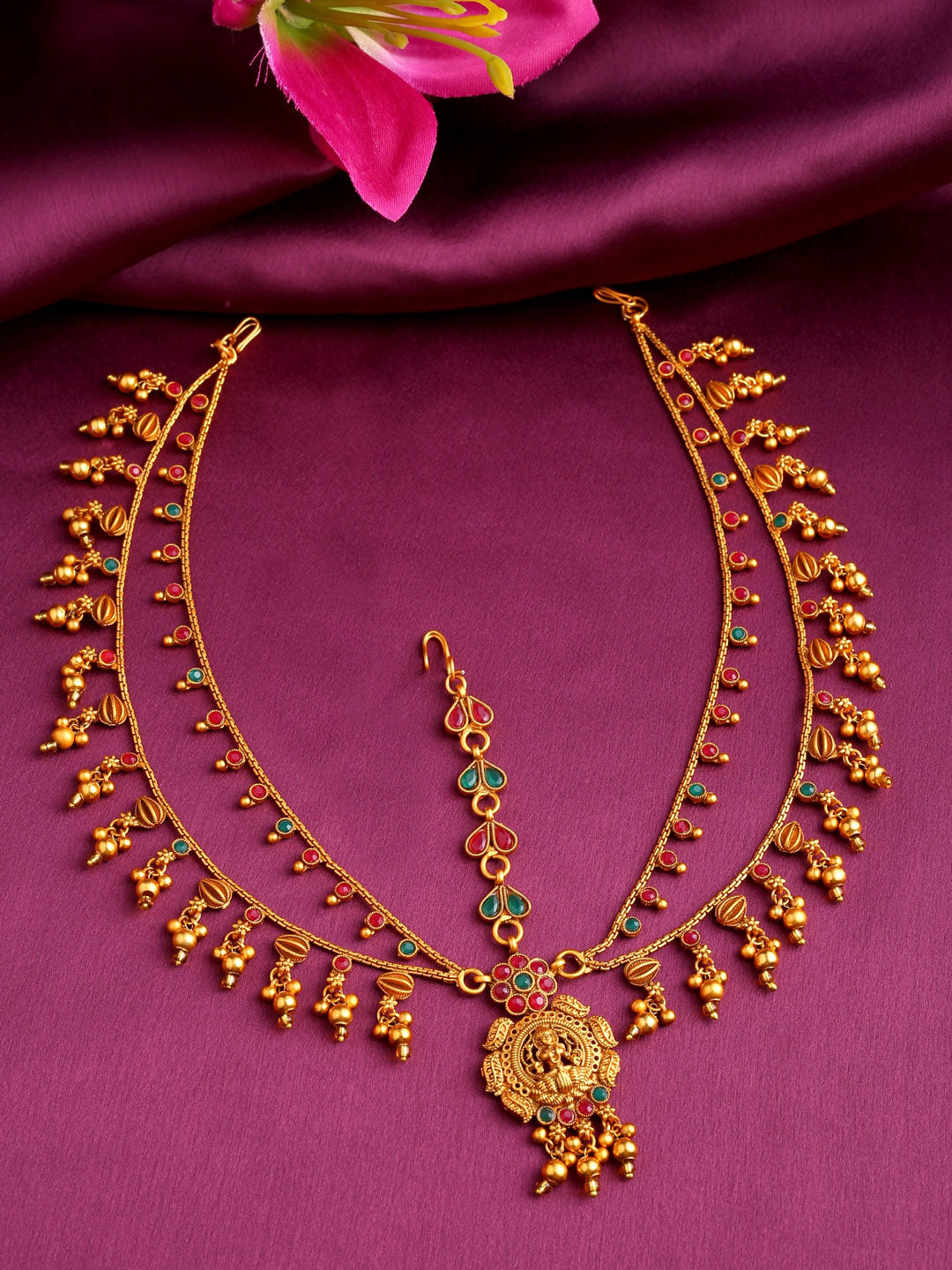Yellow Chimes Gold-Polished Pink & Green Stone Studded Ghungroo Beaded Mathapatti | Swadesiicart