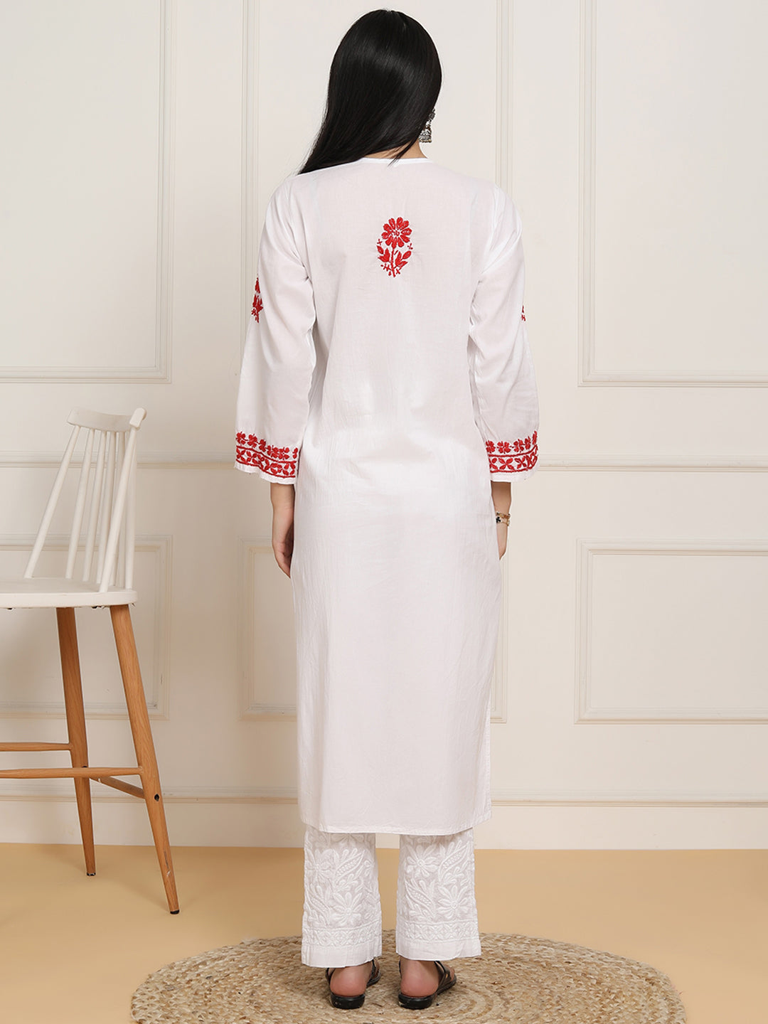 HOUSE OF KARI Women Floral Embroidered Regular Chikankari Pure Cotton Kurta with Trousers | Swadesiicart