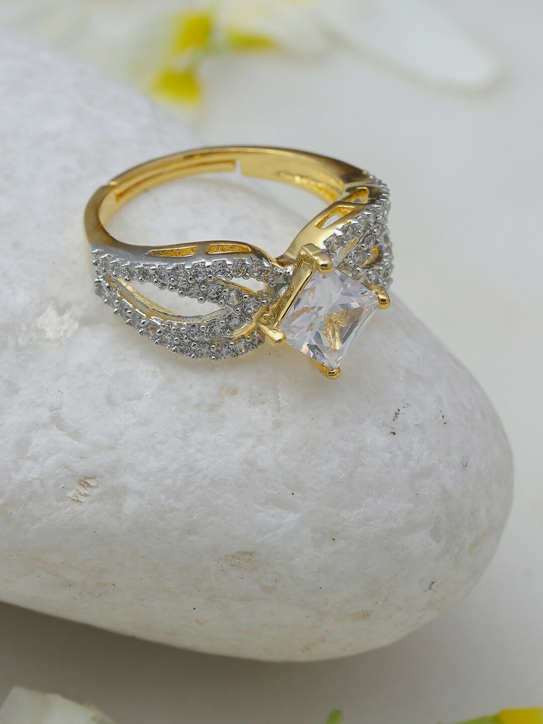 Daimonds and Square Solitaire Ring- Ruby Raang | Swadesiicart