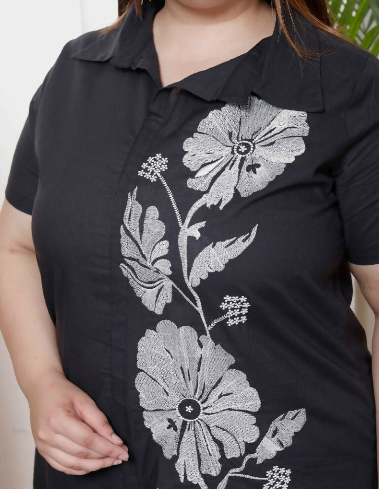 Miravan Women's Plus Size Black Pure Cotton Floral Embroidered High Low Co-Ord Set - Swadesiicart