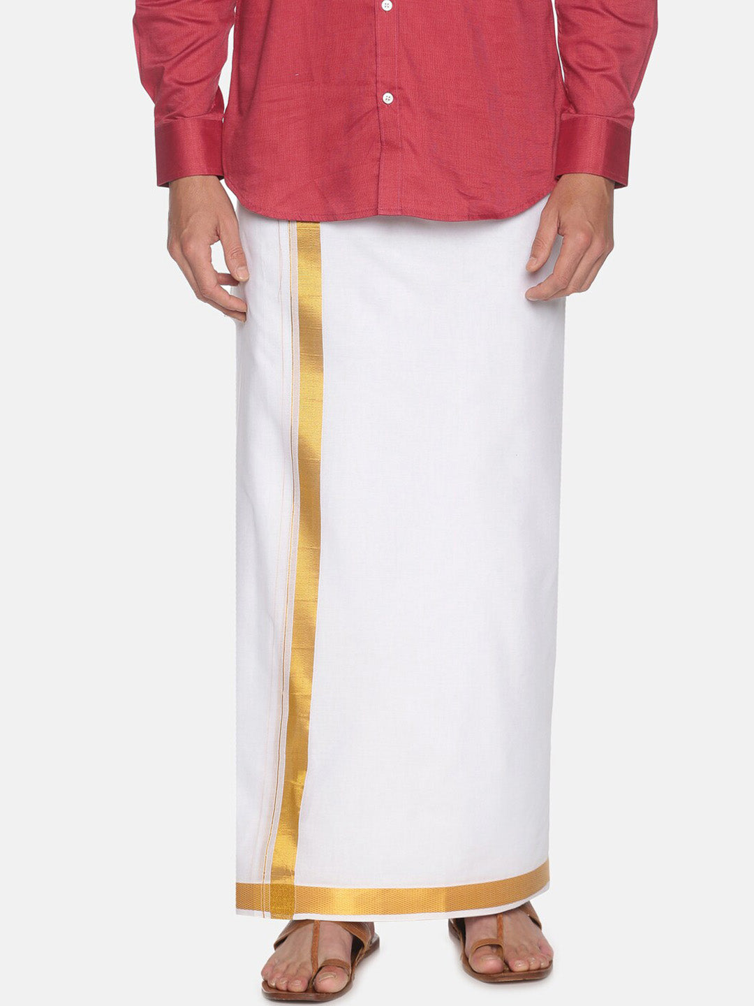Sethukrishna Men White & Gold-Coloured Solid Cotton Dhoti | Swadesiicart