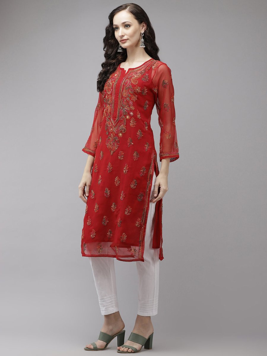 ADA Women Red Embroidered Regular Chikankari Kurta with Trousers | Swadesiicart