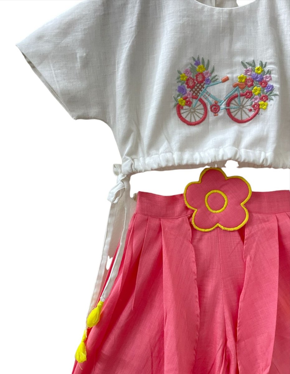 ArthLife Pink White Cycle Embroidered Co-Ord Set - Swadesiicart