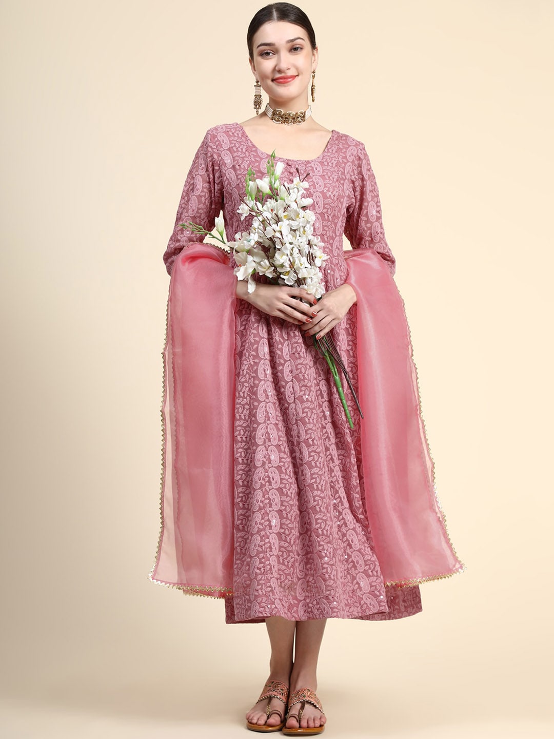 Kalini Paisley Embroidered Chikankari Georgette Anarkali Kurta With Dupatta Set | Swadesiicart
