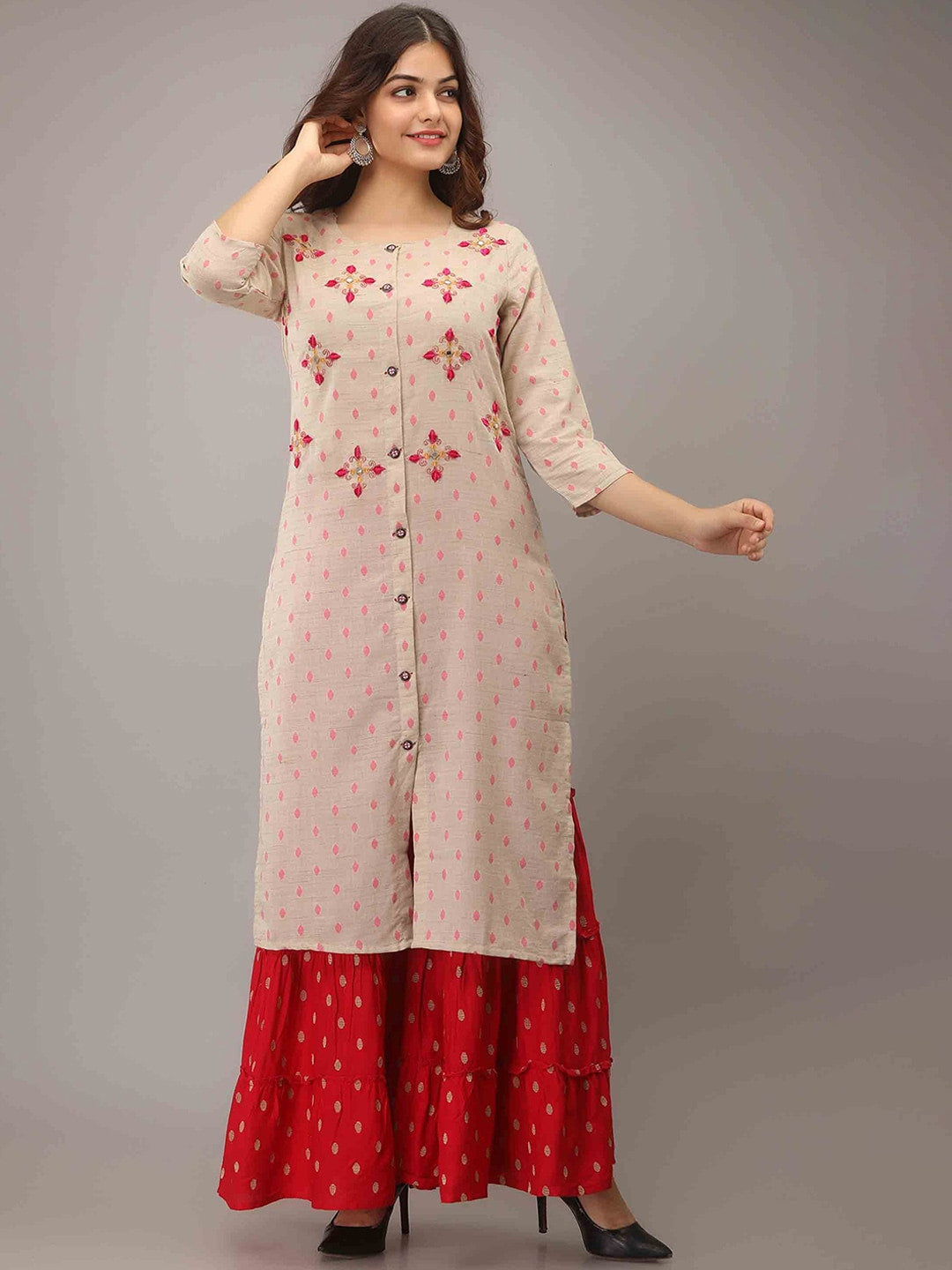 Kalini Women Cream-Coloured Embroidered High Slit Mirror Work Pure Cotton Kurti with Sharara | Swadesiicart