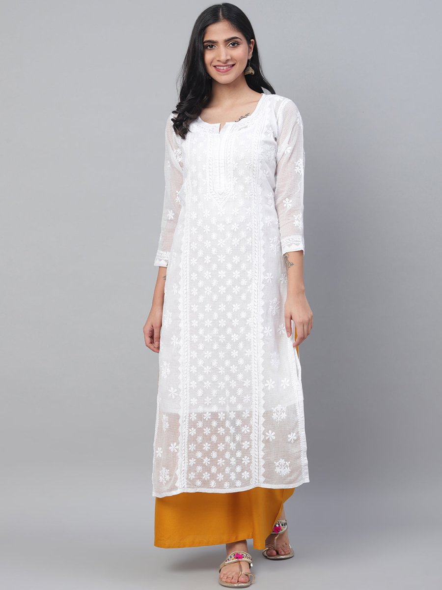 ADA Women White Chikankari Hand Embroidered Semi-Sheer Straight Kota Handloom Kurta | Swadesiicart