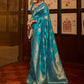 Mitera Blue & Gold-Toned Woven Design Zari Silk Blend Banarasi Saree | Swadesiicart