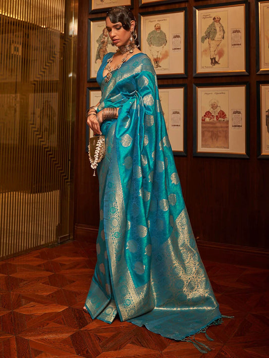 Mitera Blue & Gold-Toned Woven Design Zari Silk Blend Banarasi Saree | Swadesiicart
