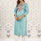 Ode by House of Pataudi Sea Green Ethnic Printed Tie-Up Neck Gotta Patti Straight Kurta - Swadesiicart