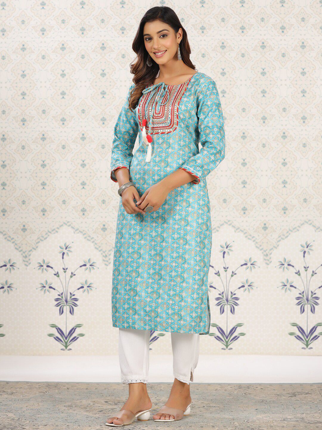Ode by House of Pataudi Sea Green Ethnic Printed Tie-Up Neck Gotta Patti Straight Kurta - Swadesiicart