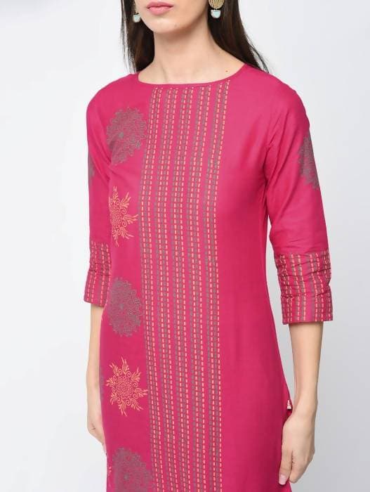 Aniyah Cotton Block Printed Straight Kurta Magenta Color (AN-127K) - Swadesiicart