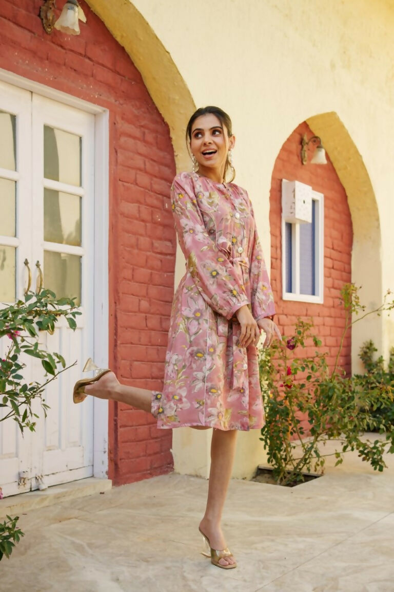 Vaasva Women Pink Muslin Floral Printed Knee Length Dress | Swadesiicart