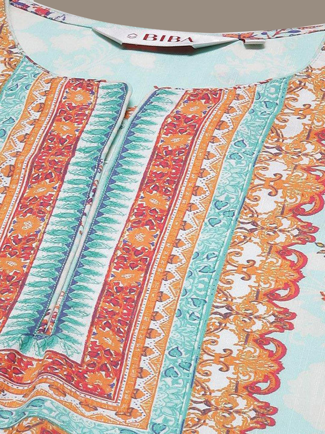 Biba Ethnic Motifs Printed Notched Neck A-Line Kurta - Swadesiicart