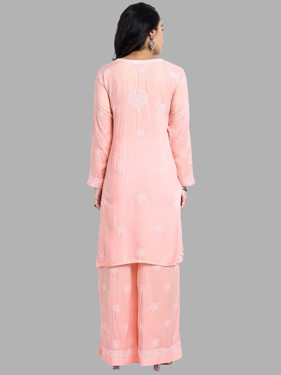 ADA Floral Embroidered Long Sleeves Regular Lucknowi Chikankari Kurta With Palazzos | Swadesiicart