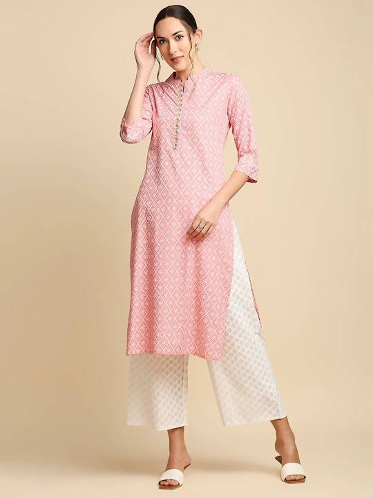 Anubhutee Peach-Coloured & White Khari Printed Straight Kurta