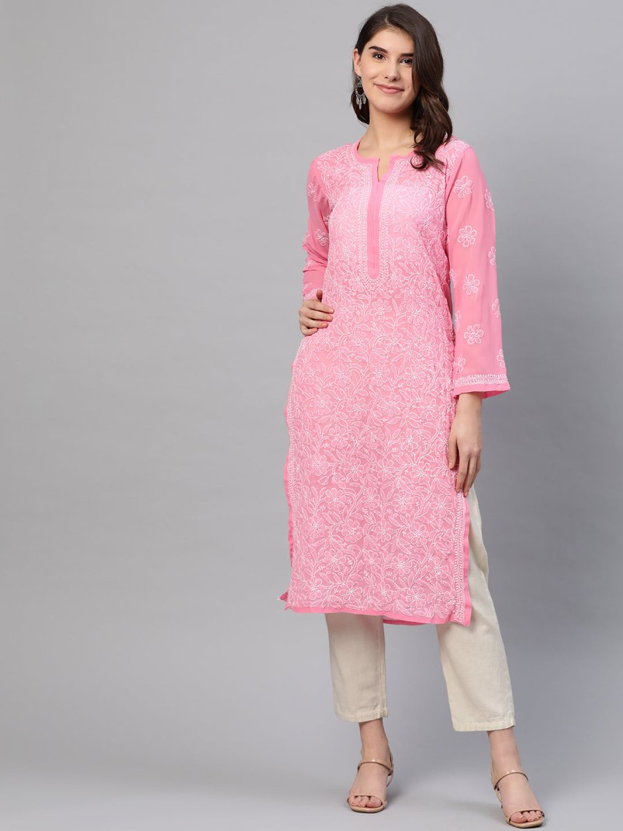 ADA Women Pink & White Chikankari Embroidered Straight Sustainable Handloom Kurta | Swadesiicart