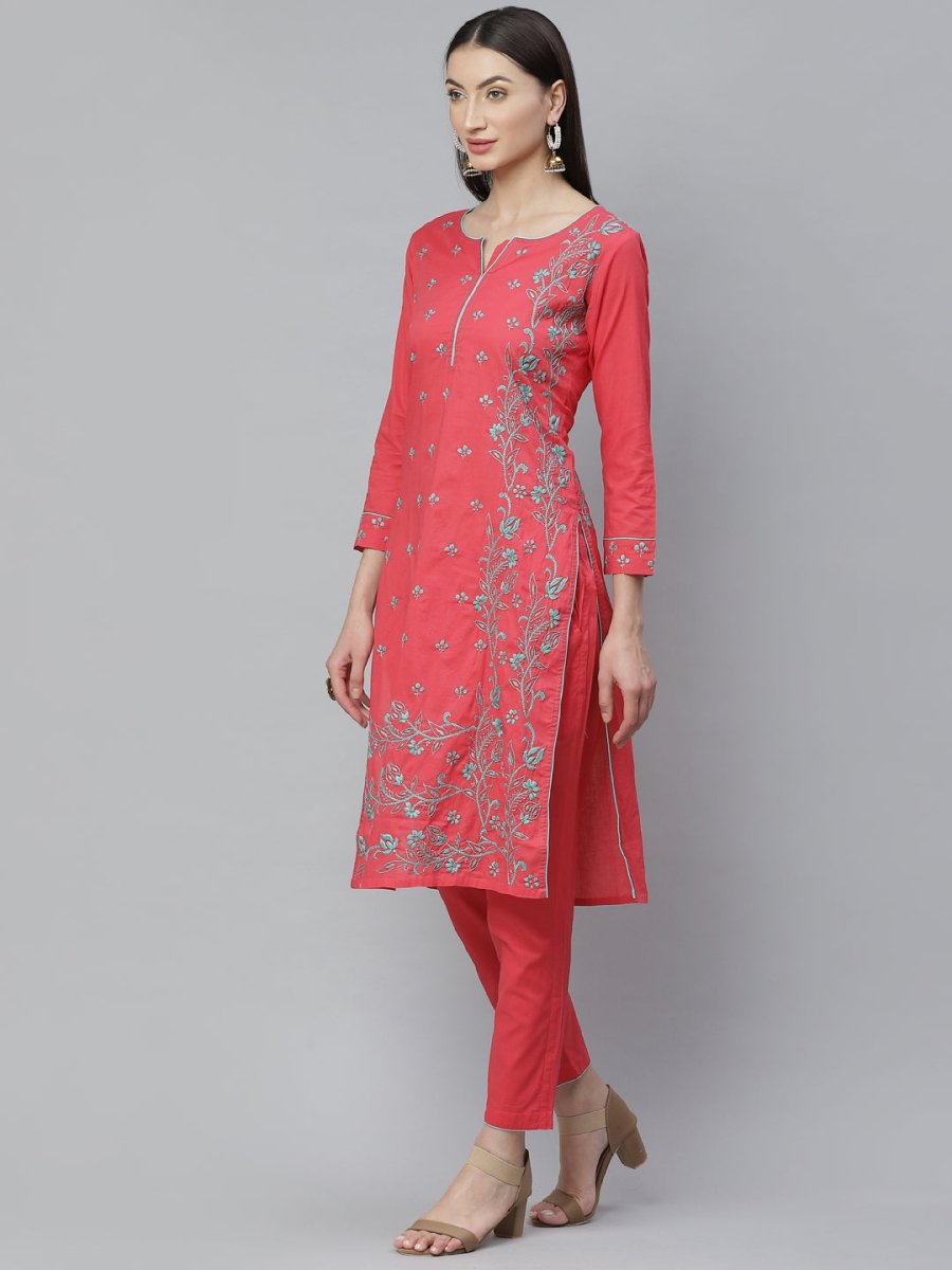 ADA Women Pink & Blue Chikankari Hand Embroidered Sustainable Handloom Kurta with Trousers | Swadesiicart