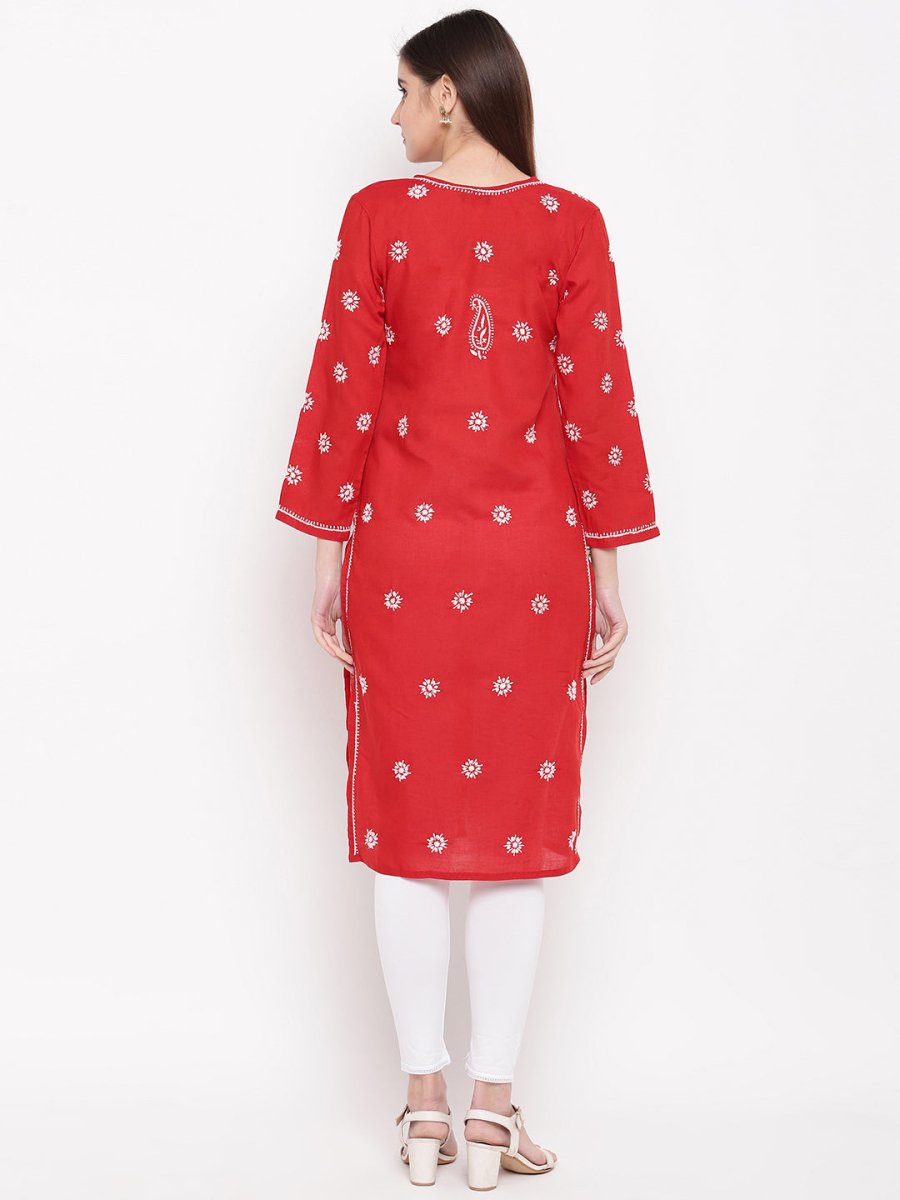 ADA Women Red & White Chikankari Hand Embroidered Straight Sustainable Kurta | Swadesiicart