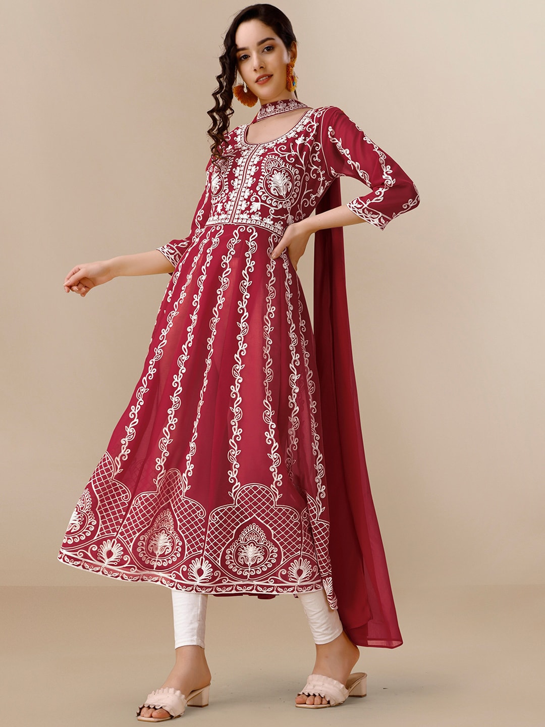 HERE&NOW Maroon & White Ethnic Motifs Embroidered Chikankari Kurta & Dupatta | Swadesiicart