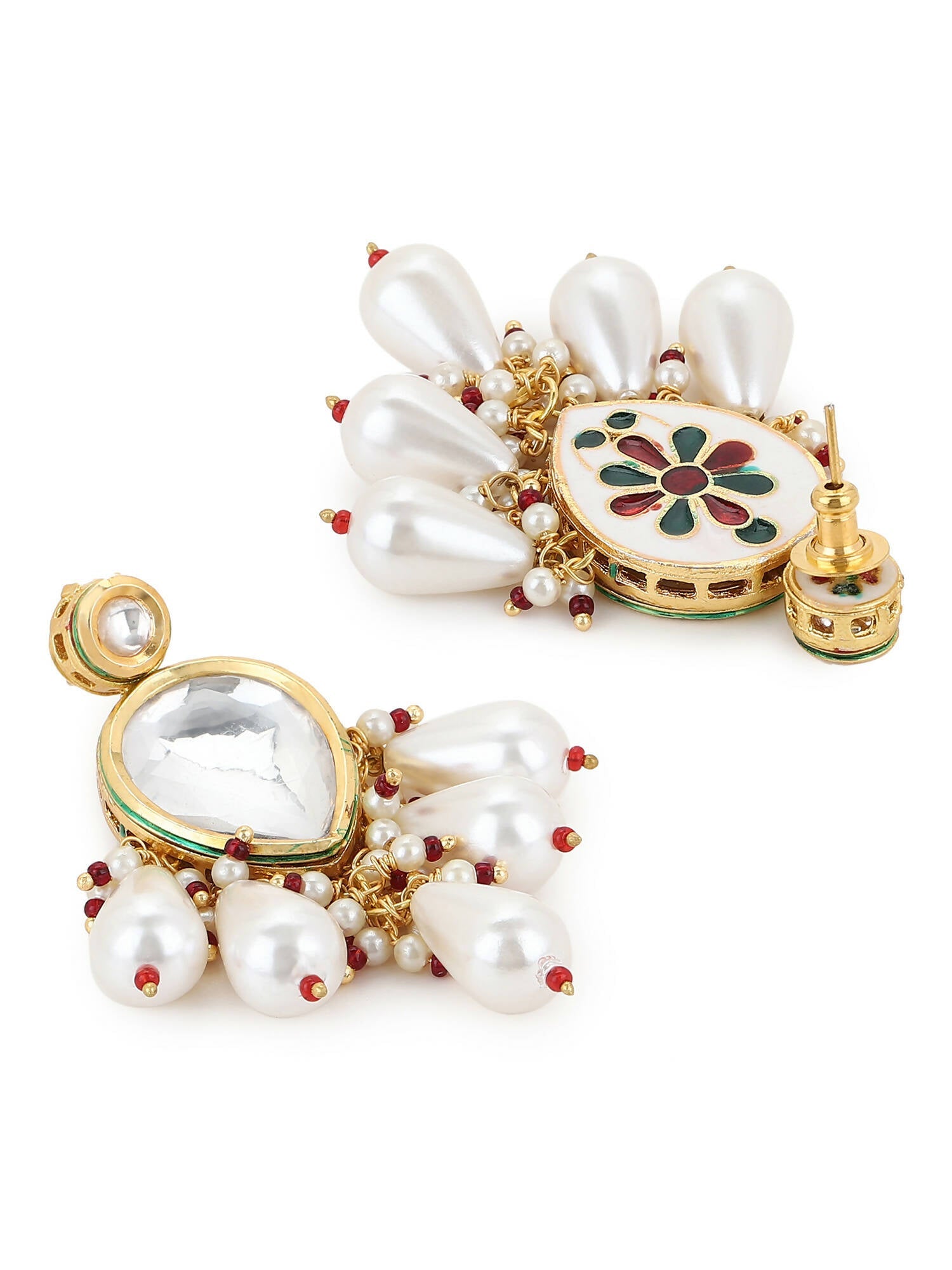 Gold-Toned White Kundan Contemporary Gold-Polished Drop Earrings - Ruby Raang - Swadesiicart