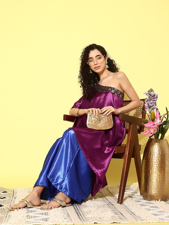 InWeave Women's Wine Navy Brocade Satin Oneshoulder Blue Palazzo Set - Swadesiicart