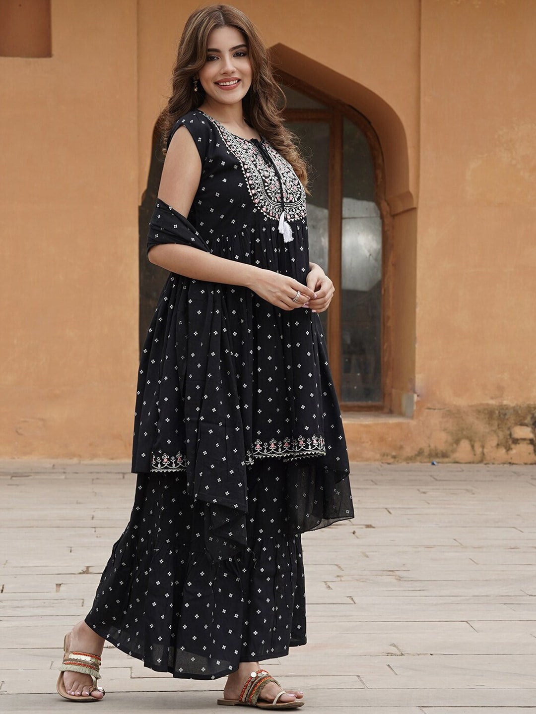 Kalini Ethnic Motifs Printed Tie-Up Neck Thread Work A-Line Kurta with Sharara & Dupatta | Swadesiicart