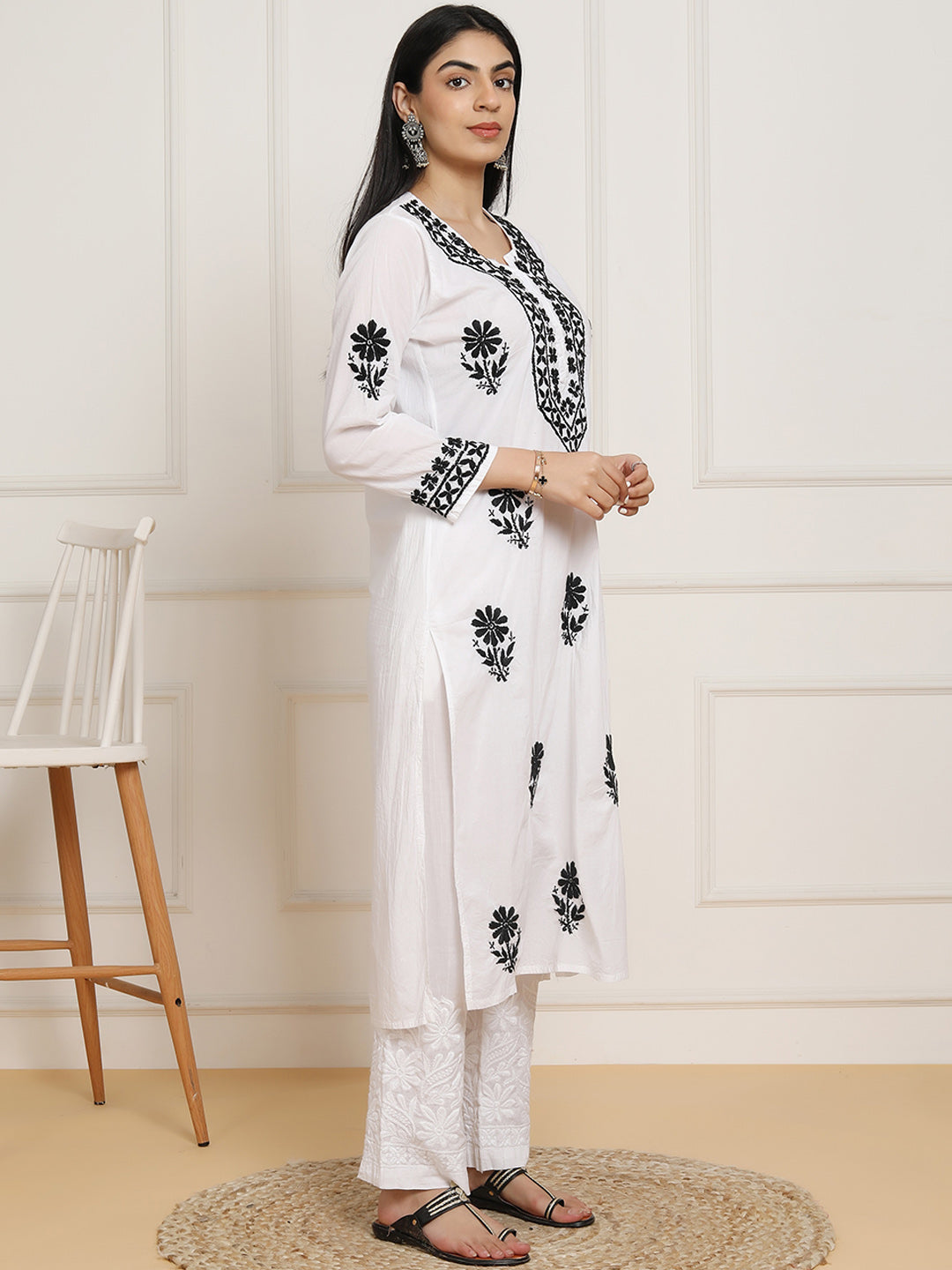 HOUSE OF KARI Women Ethnic Motifs Embroidered Regular Chikankari Pure Cotton Kurta with Trousers | Swadesiicart