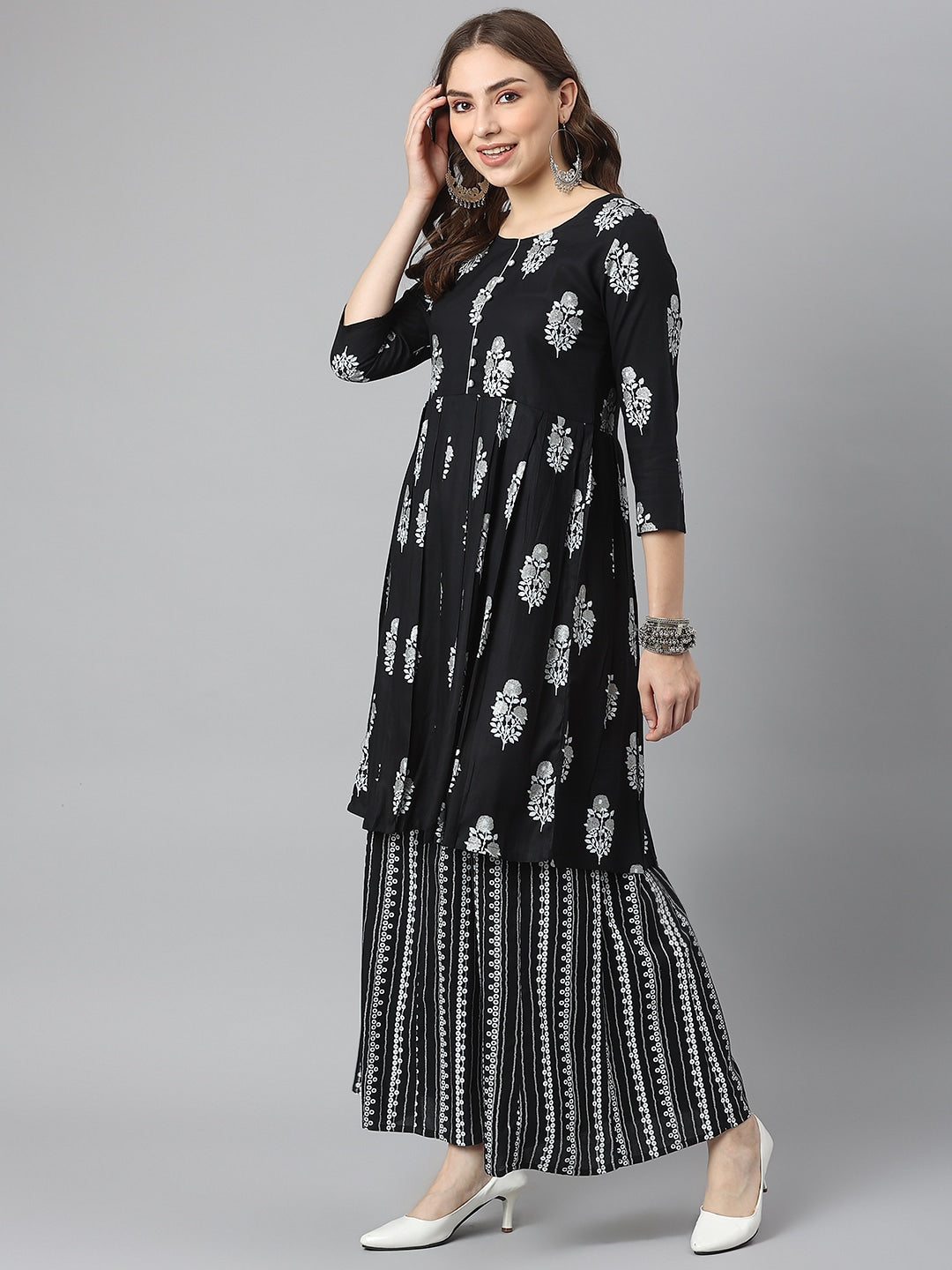 Kalini Women Black Ethnic Motifs Printed Kurta with Sharara | Swadesiicart