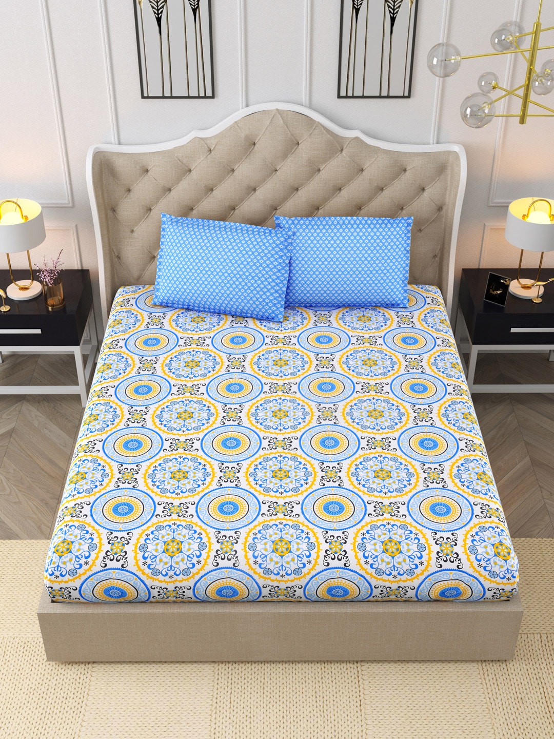 DREAM WEAVERZ Blue & Yellow Cotton Ethnic Motifs 300 TC Double Bedsheet with 2 Pillow Covers - Swadesiicart
