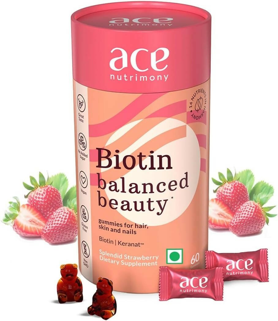 Ace Nutrimony Biotin Balanced Beauty Hair Gummies for Skin and Nails with Clinically Proven Keranat, Biotin - Strawberry | Swadesiicart
