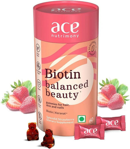Ace Nutrimony Biotin Balanced Beauty Hair Gummies for Skin and Nails with Clinically Proven Keranat, Biotin - Strawberry | Swadesiicart