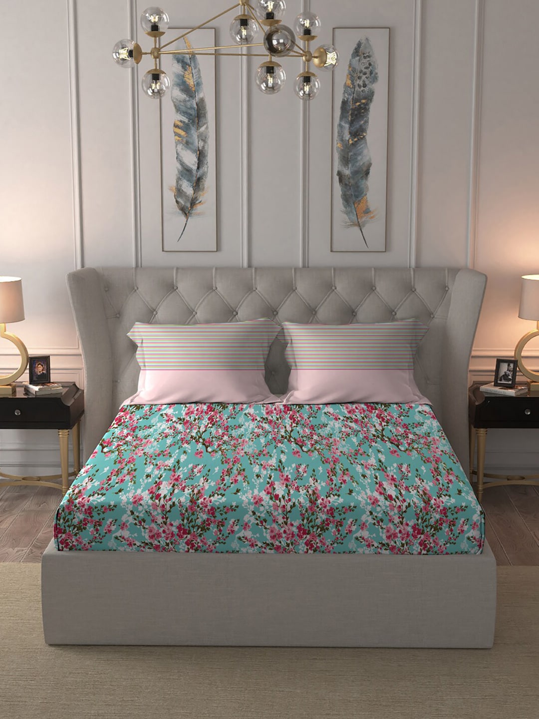 MYTRIDENT Turquoise Blue Pink Floral Pure Cotton 144 TC Queen Bedsheet 2 Pillow Covers - Swadesiicart