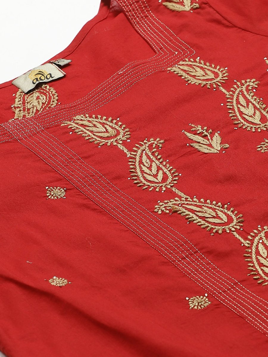 ADA Women Red & Beige Paisley Chikankari Embroidered Sustainable Handloom Kurta with Trousers | Swadesiicart